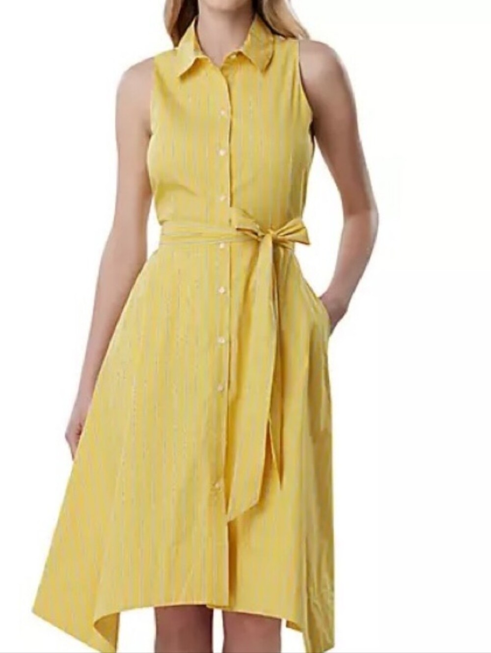 Yellow Pinstripe Tahari Sleeveless Shirtdress 2 With Pockets